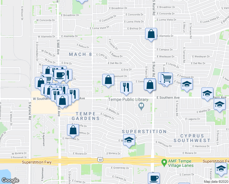 map of restaurants, bars, coffee shops, grocery stores, and more near 512 East Southern Avenue in Tempe