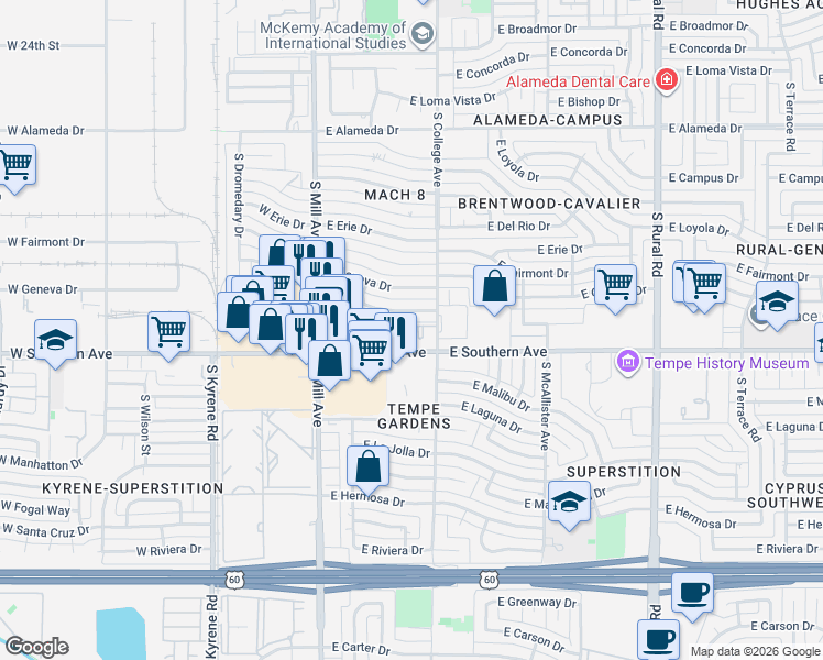 map of restaurants, bars, coffee shops, grocery stores, and more near 200 East Southern Avenue in Tempe