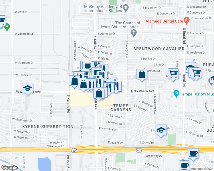 map of restaurants, bars, coffee shops, grocery stores, and more near 125 East Southern Avenue in Tempe