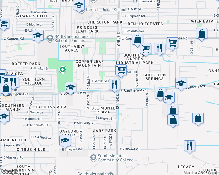 map of restaurants, bars, coffee shops, grocery stores, and more near 2311 East Southern Avenue in Phoenix