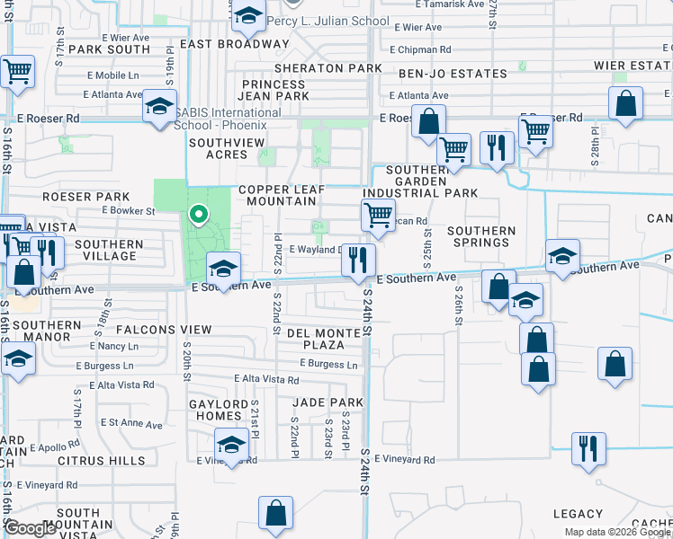 map of restaurants, bars, coffee shops, grocery stores, and more near 2311 East Southern Avenue in Phoenix