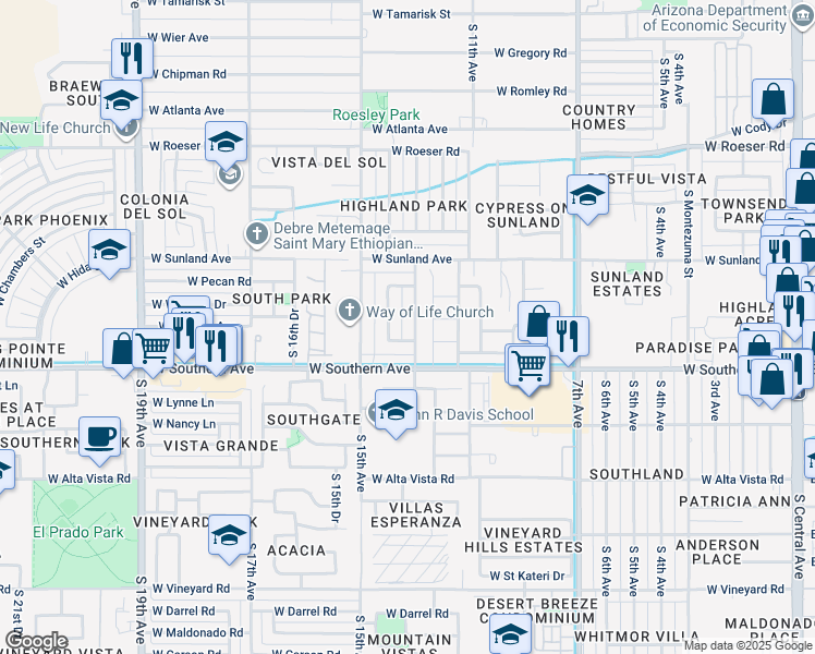 map of restaurants, bars, coffee shops, grocery stores, and more near 1311 West Hidalgo Avenue in Phoenix