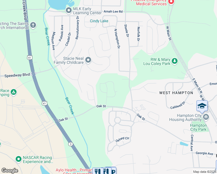 map of restaurants, bars, coffee shops, grocery stores, and more near 146 Oakchase Park Lane in Hampton
