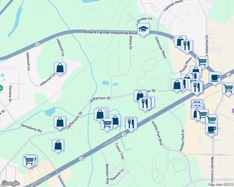 map of restaurants, bars, coffee shops, grocery stores, and more near 446 Jefferson Saint Exd in Newnan