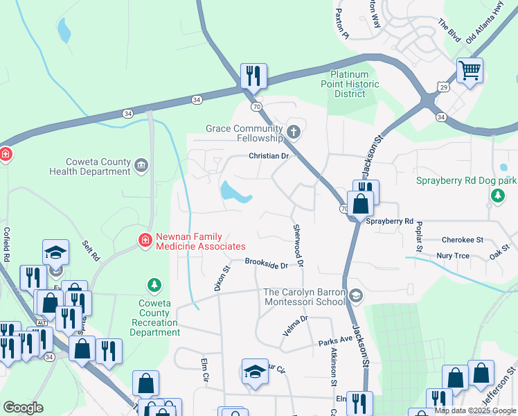 map of restaurants, bars, coffee shops, grocery stores, and more near 15 Cardinal Drive in Newnan