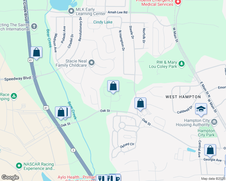 map of restaurants, bars, coffee shops, grocery stores, and more near 146 Oakchase Park Lane in Hampton