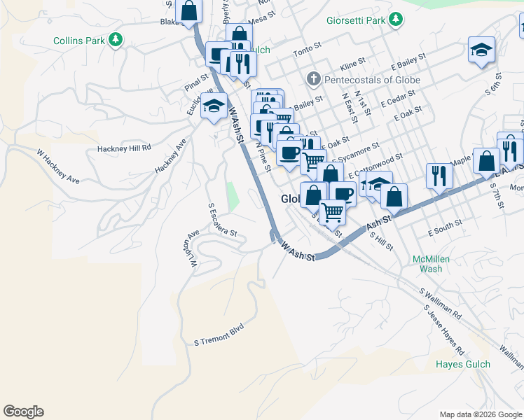 map of restaurants, bars, coffee shops, grocery stores, and more near 130 West Ash Street in Globe