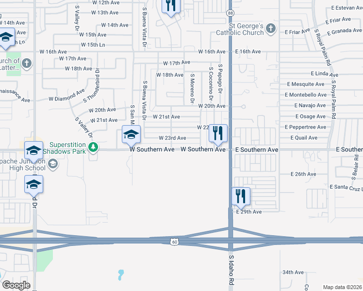 map of restaurants, bars, coffee shops, grocery stores, and more near 400 West Southern Avenue in Apache Junction