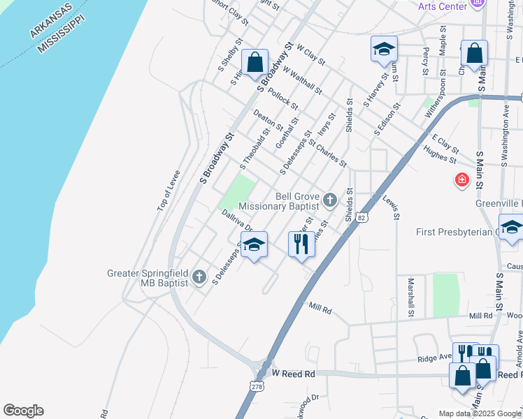 map of restaurants, bars, coffee shops, grocery stores, and more near 1246 South Delesseps Street in Greenville