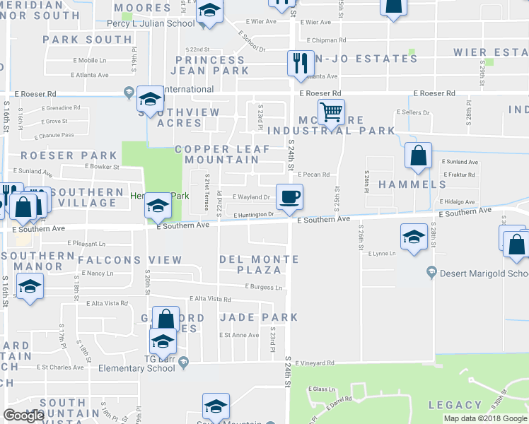 map of restaurants, bars, coffee shops, grocery stores, and more near 2311 East Southern Avenue in Phoenix