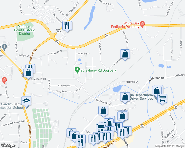 map of restaurants, bars, coffee shops, grocery stores, and more near 5 Martin Street in Newnan