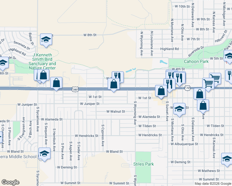 map of restaurants, bars, coffee shops, grocery stores, and more near 1704 West 1st Street in Roswell
