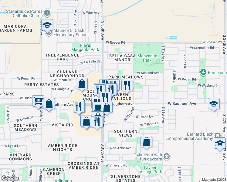 map of restaurants, bars, coffee shops, grocery stores, and more near 3424 West Southern Avenue in Phoenix