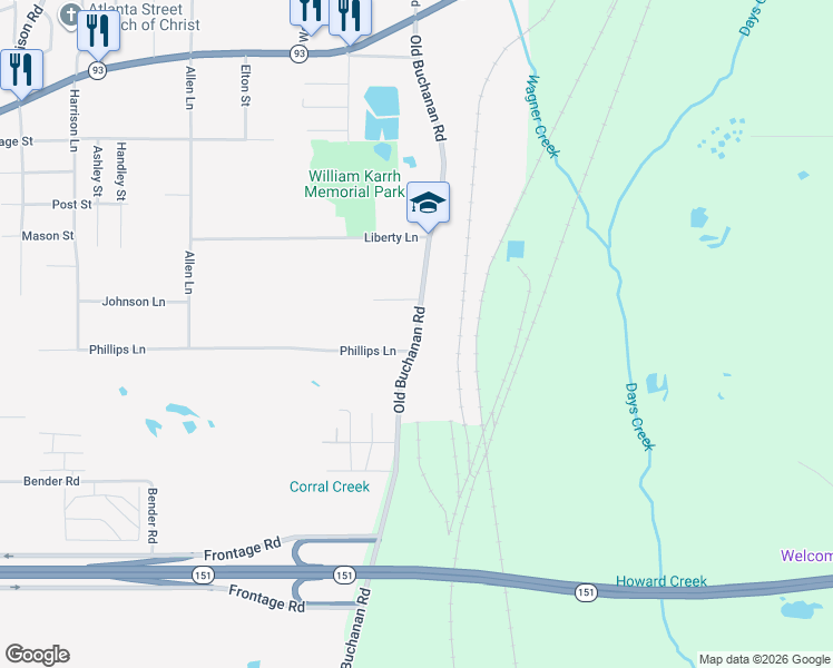 map of restaurants, bars, coffee shops, grocery stores, and more near 2601 Old Buchanan Rd in Texarkana