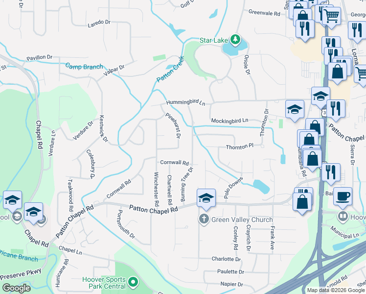 map of restaurants, bars, coffee shops, grocery stores, and more near 3245 Pinehurst Drive in Hoover