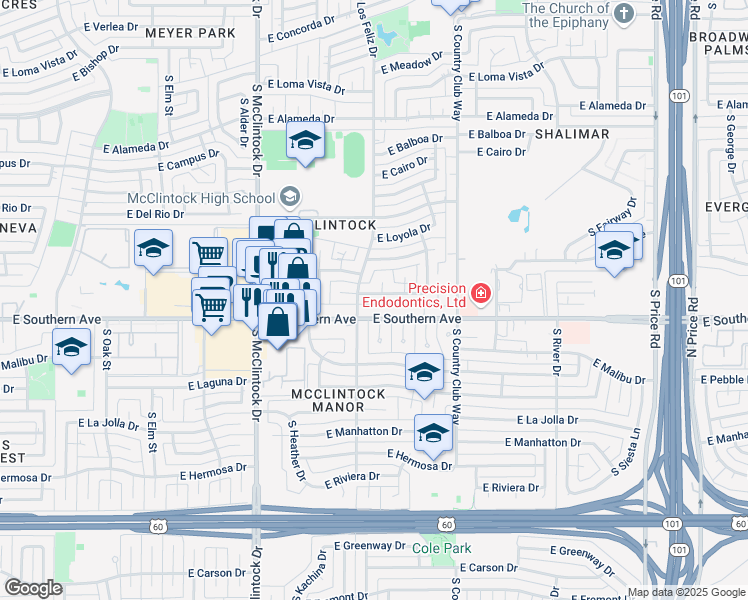 map of restaurants, bars, coffee shops, grocery stores, and more near in Tempe