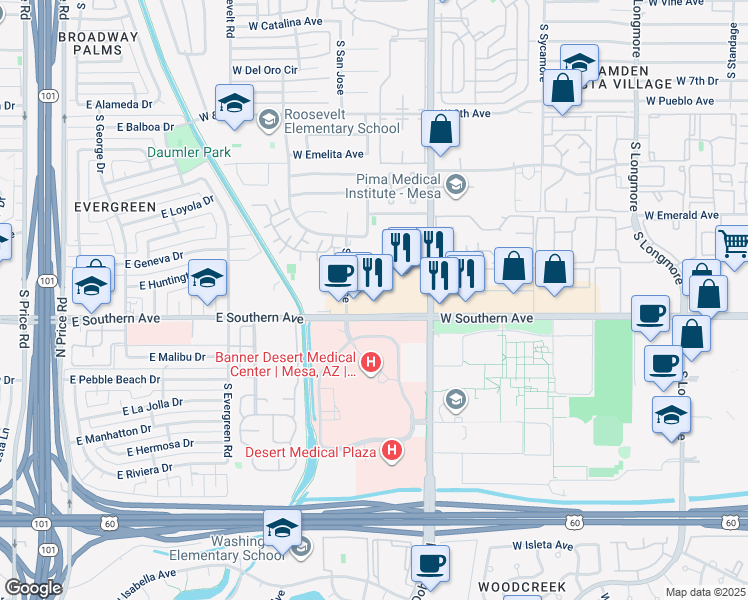 map of restaurants, bars, coffee shops, grocery stores, and more near in Mesa