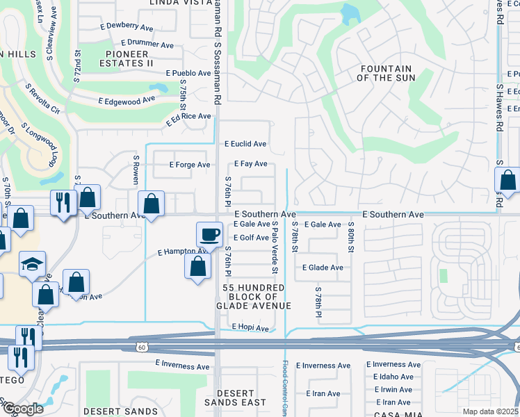 map of restaurants, bars, coffee shops, grocery stores, and more near 7726 East Gale Avenue in Mesa
