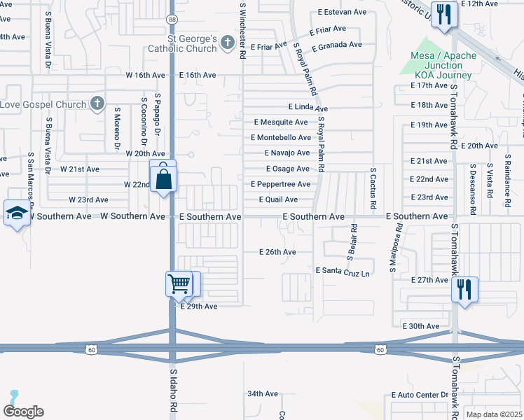 map of restaurants, bars, coffee shops, grocery stores, and more near 531 East Southern Avenue in Apache Junction