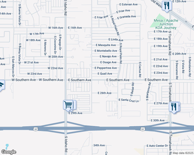 map of restaurants, bars, coffee shops, grocery stores, and more near 2461 North Winchester Road in Apache Junction