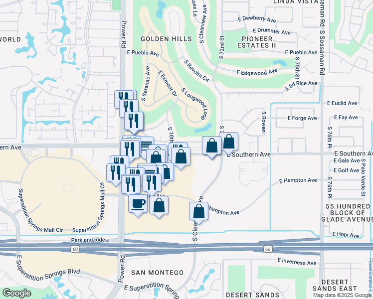 map of restaurants, bars, coffee shops, grocery stores, and more near 7035 East Southern Avenue in Mesa