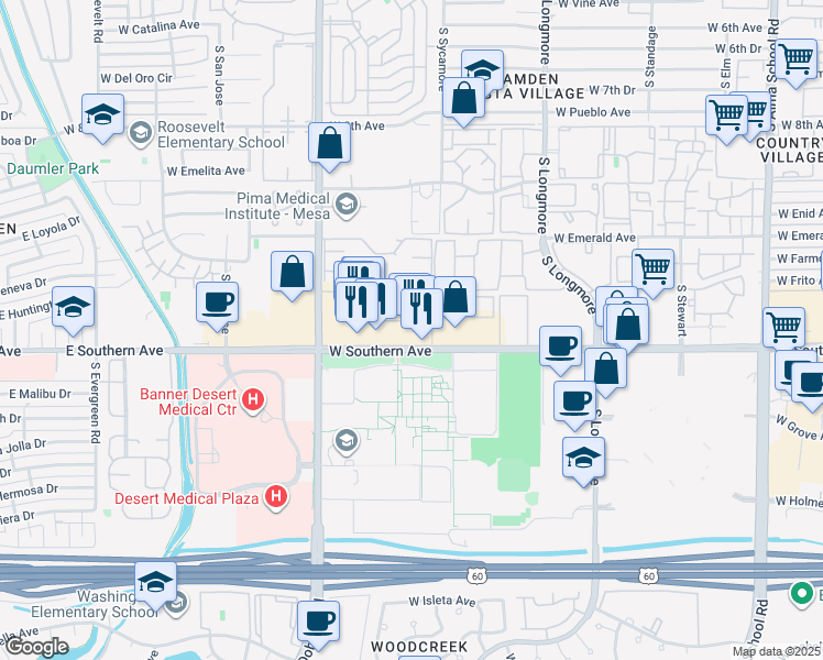map of restaurants, bars, coffee shops, grocery stores, and more near 1850 West Southern Avenue in Mesa