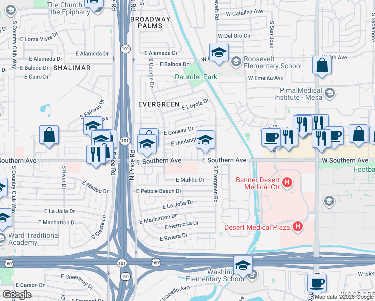 map of restaurants, bars, coffee shops, grocery stores, and more near 3247 South Allred Drive in Tempe