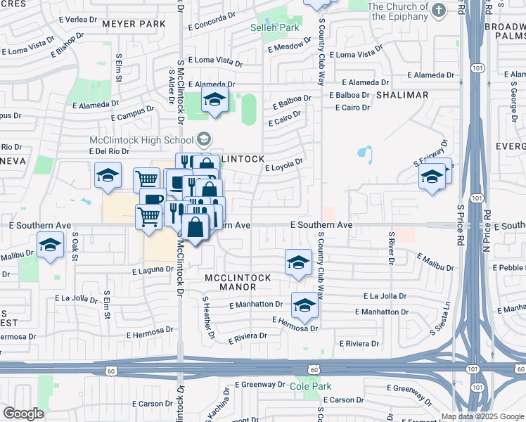 map of restaurants, bars, coffee shops, grocery stores, and more near in Tempe