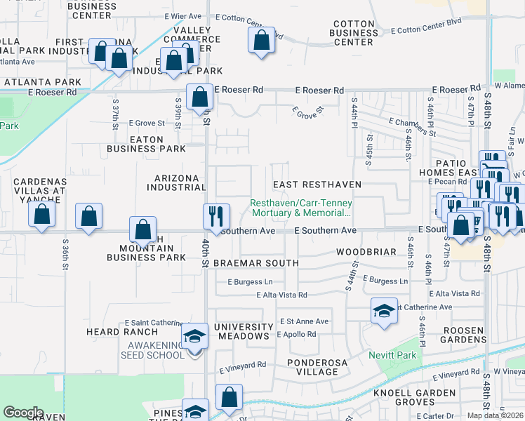 map of restaurants, bars, coffee shops, grocery stores, and more near 4157 East Huntington Drive in Phoenix