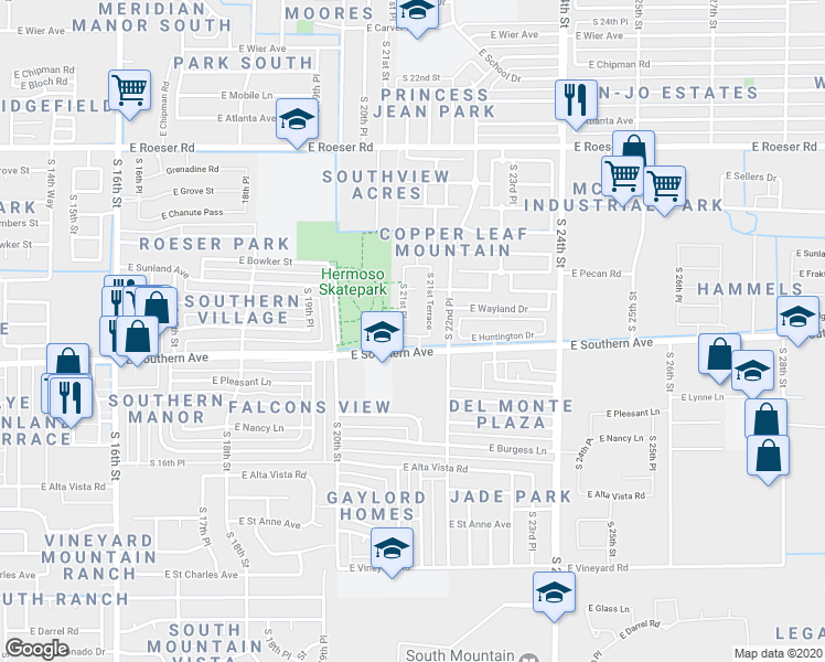map of restaurants, bars, coffee shops, grocery stores, and more near 5744 South 21st Place in Phoenix