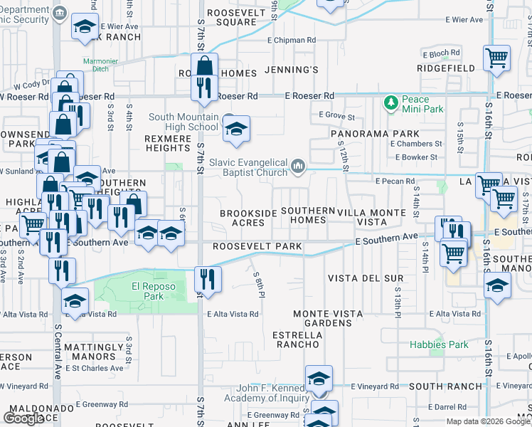 map of restaurants, bars, coffee shops, grocery stores, and more near 5830 South 9th Street in Phoenix