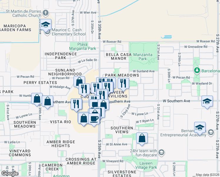 map of restaurants, bars, coffee shops, grocery stores, and more near 3424 West Southern Avenue in Phoenix