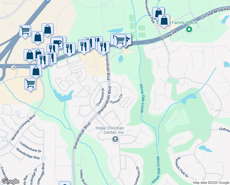 map of restaurants, bars, coffee shops, grocery stores, and more near 5 Forest Circle in Newnan