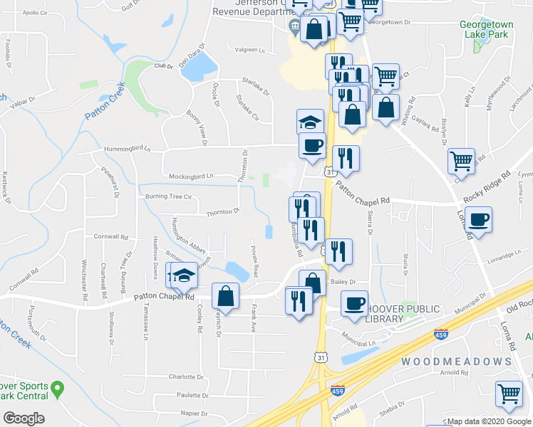 map of restaurants, bars, coffee shops, grocery stores, and more near 3330 Old Columbiana Road in Birmingham