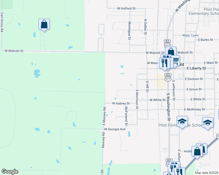 map of restaurants, bars, coffee shops, grocery stores, and more near 658 West Aubrey Street in Pilot Point