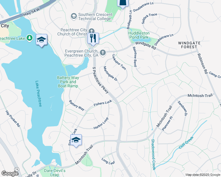 map of restaurants, bars, coffee shops, grocery stores, and more near 225 Market Place Connector in Peachtree City