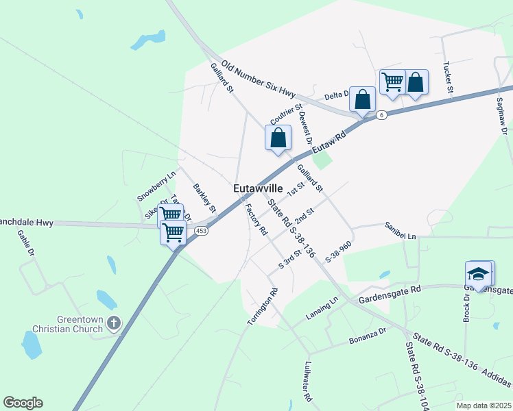 map of restaurants, bars, coffee shops, grocery stores, and more near 313 Porcher Avenue in Eutawville