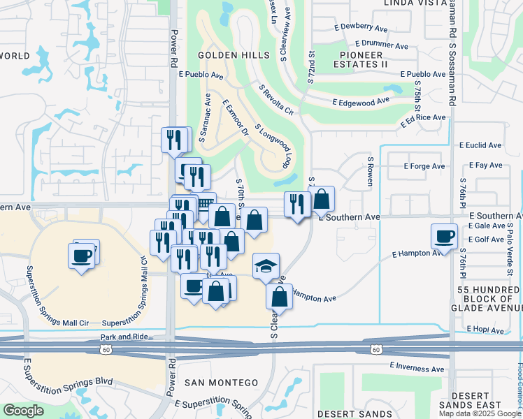 map of restaurants, bars, coffee shops, grocery stores, and more near 7035 East Southern Avenue in Mesa