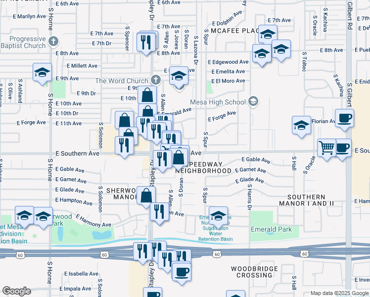 map of restaurants, bars, coffee shops, grocery stores, and more near 1216 South Doran in Mesa