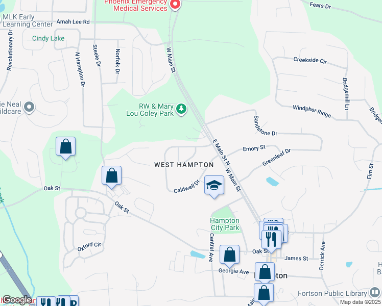 map of restaurants, bars, coffee shops, grocery stores, and more near 208 Belmont Drive in Hampton