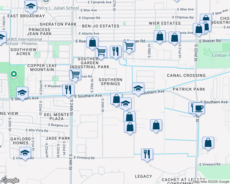 map of restaurants, bars, coffee shops, grocery stores, and more near 2629 East Jessica Lane in Phoenix