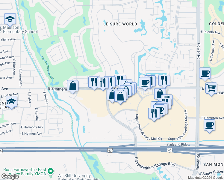 map of restaurants, bars, coffee shops, grocery stores, and more near 6218 East Superstition Springs Boulevard in Mesa