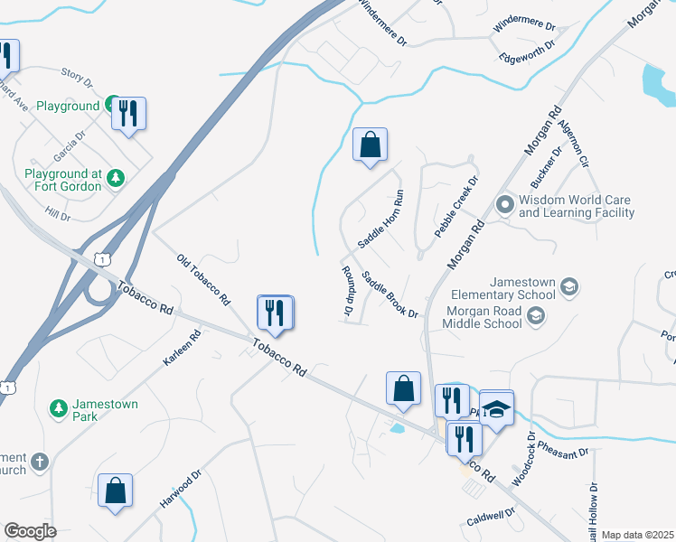 map of restaurants, bars, coffee shops, grocery stores, and more near 2301 Roundup Drive in Hephzibah