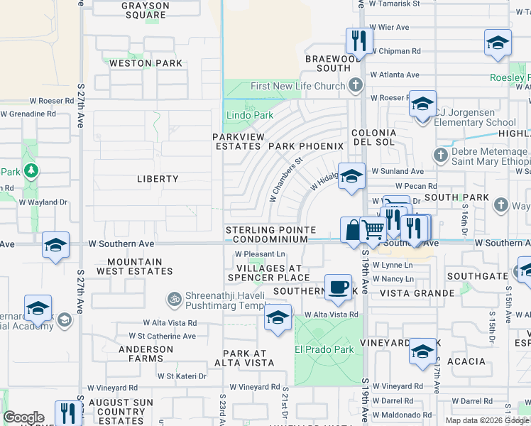 map of restaurants, bars, coffee shops, grocery stores, and more near 2223 West Hidalgo Avenue in Phoenix