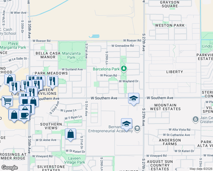 map of restaurants, bars, coffee shops, grocery stores, and more near 2922 West Wayland Drive in Phoenix
