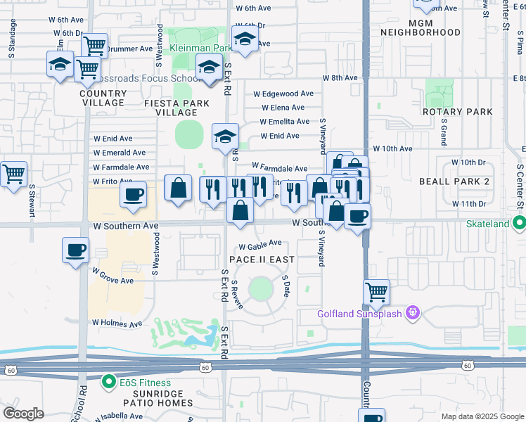 map of restaurants, bars, coffee shops, grocery stores, and more near 657 West Flower Avenue in Mesa