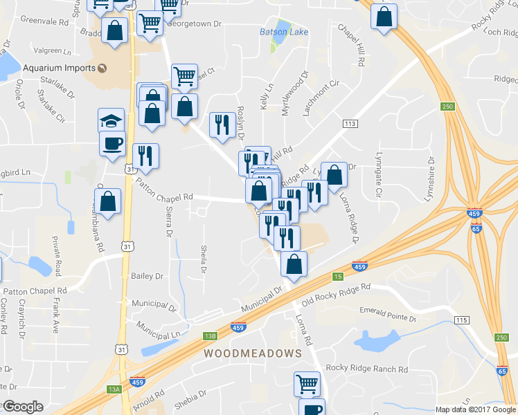 map of restaurants, bars, coffee shops, grocery stores, and more near 2119 Rocky Ridge Road in Hoover