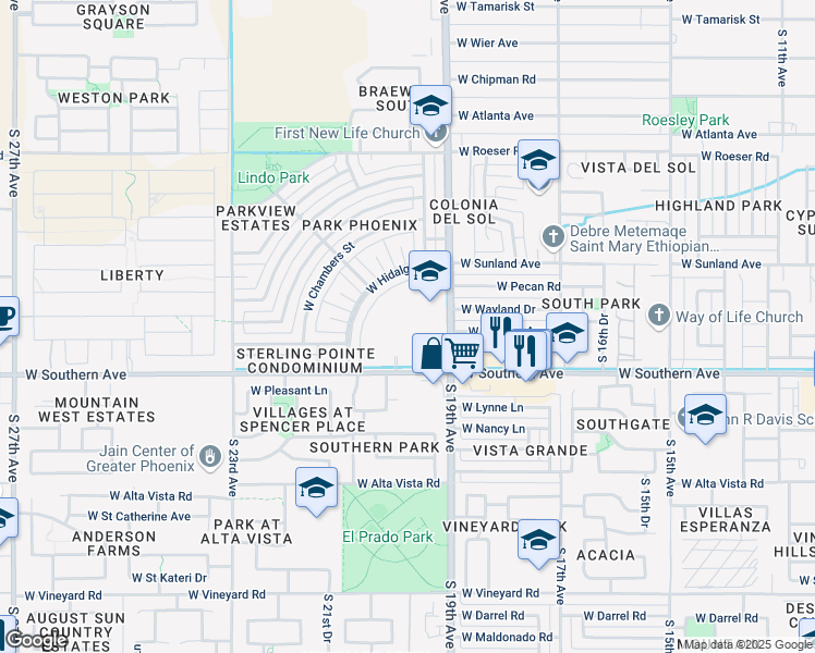 map of restaurants, bars, coffee shops, grocery stores, and more near 2002 W Southern Ave in Phoenix