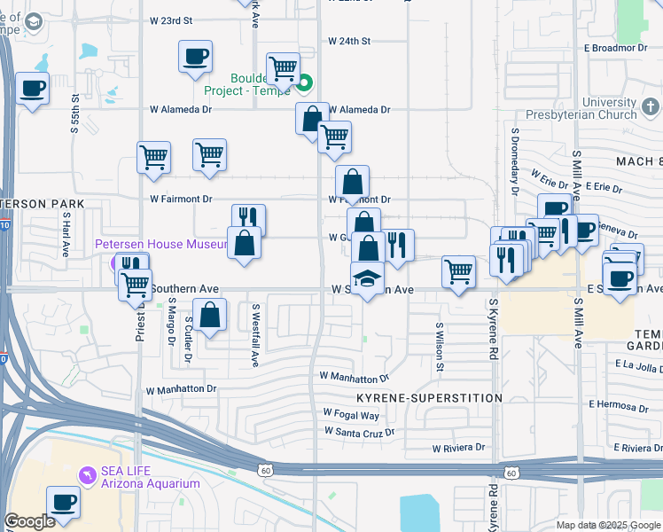 map of restaurants, bars, coffee shops, grocery stores, and more near 815 West Geneva Drive in Tempe