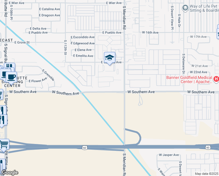 map of restaurants, bars, coffee shops, grocery stores, and more near 11465 East Flossmoor Avenue in Mesa